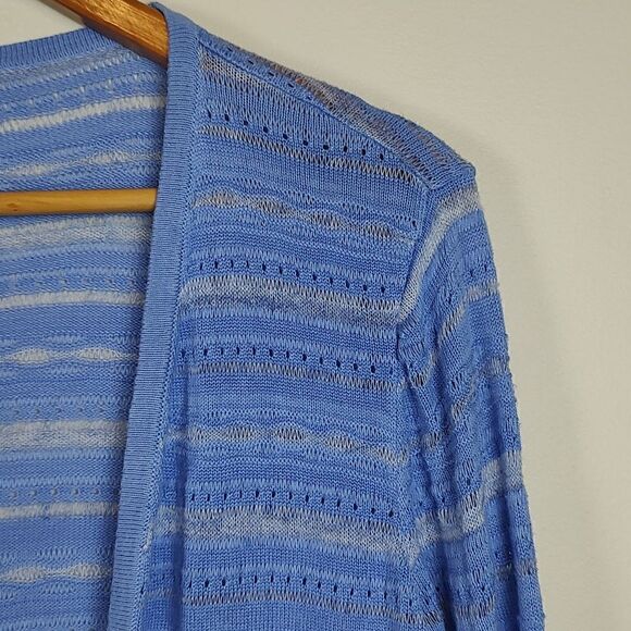 Chico's Blue Striped Loose Weave Open Front Cardigan - Picture 4 of 10